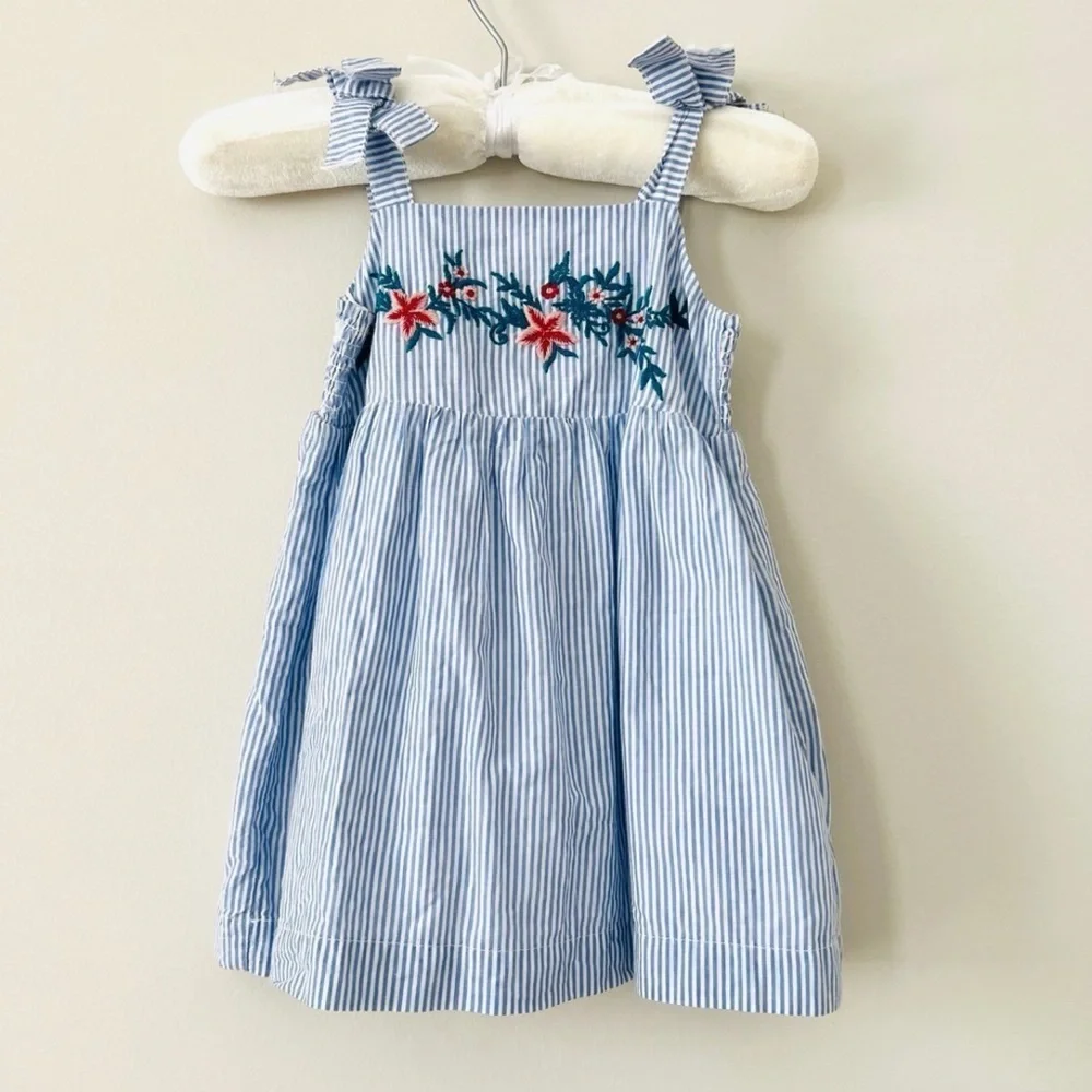 NWOT Baby Gap Blue & white Striped Dress with floral embroidery size 12-18m